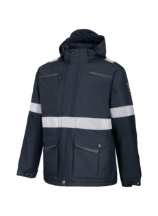 Une parka de travail STAR REFLEX de couleur marine de la marque de vêtements de travail et chaussures de sécurité Würth MODYF vue de face. Les détails sont visibles, tel que la tirette, le col montant et les éléments haute visibilité.
