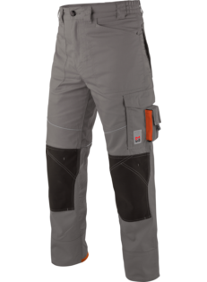 Werkbroek voor metselaars en ambachtslieden, grijze kleur, diverse praktische zakken, met zakken op de knie volgens de EN 14404-norm, moderne look.