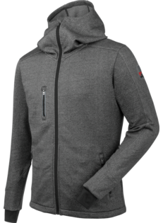 Veste polaire chaude et régulatrice de température en polyester gris, avec capuche et protège-menton, design moderne.