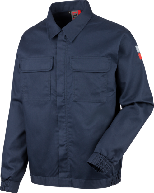 Vue d'ensemble de face d'une veste de travail spéciale pour soudeurs, possédant de multiple normes de protection contre le feu. Elle est de couleur bleue et deux grandes poches avant sond'ensemblet visible au niveau de la poitrine. Elle provient de la mar