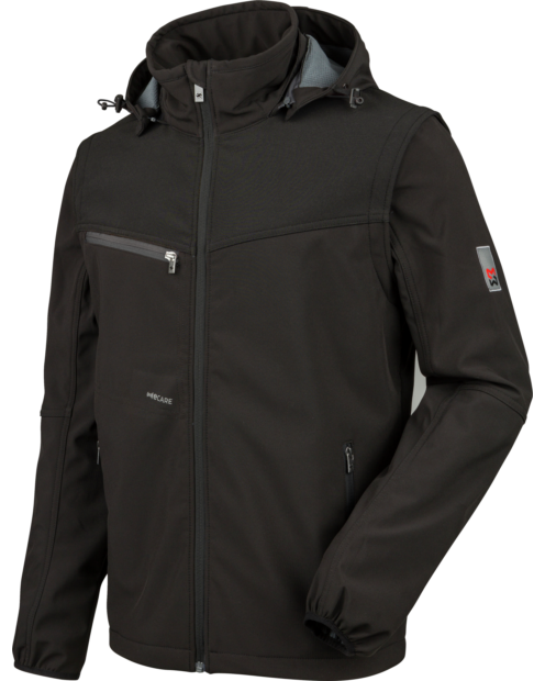 Une softshell de travail Stretch X de couleur noire de la marque de vêtements de travail et chaussures de sécurité Würth MODYF vue de face. Les détails sont visibles, tel que la tirette et sa coupe stretch.