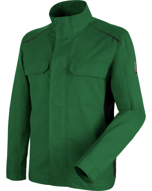 Vue de face d'une veste de travail de la gamme CETUS de couleur verte et noire de la marque de vêtements de travail et chaussures de sécurité Würth MODYF.