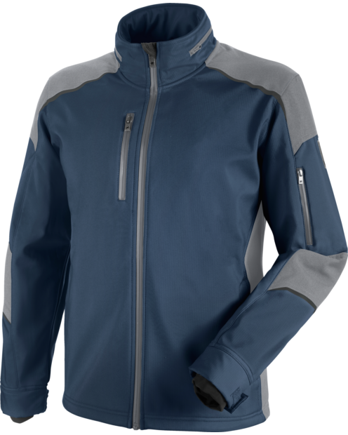 Une softshell de travail Cetus de couleur marine/grise de la marque de vêtements de travail et chaussures de sécurité Würth MODYF vue de face. Les détails sont visibles, tel que la tirette.