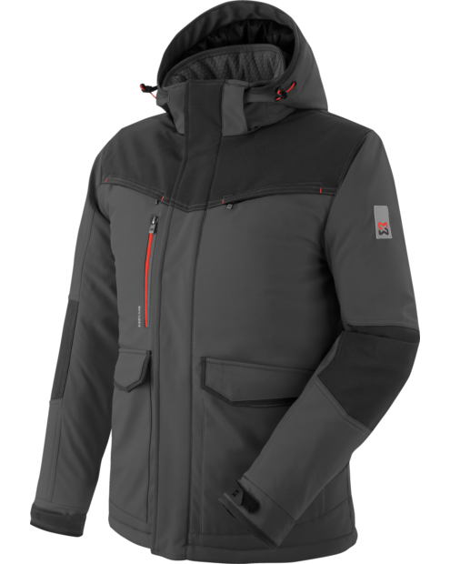 Une softshell de travail Stretch X de couleur anthracite de la marque de vêtements de travail et chaussures de sécurité Würth MODYF vue de face. Les détails sont visibles, tel que la tirette et son aspect matelassé, sa coupe stretch.