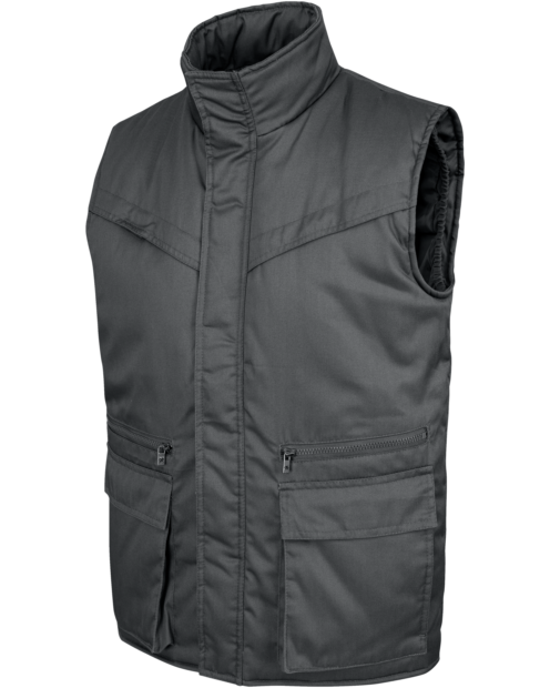 Un gilet de travail matelassé SMART de couleur gris de la marque de vêtements de travail et chaussures de sécurité Würth MODYF vue de face. Les détails sont visibles, tel que la fermeture zippée.