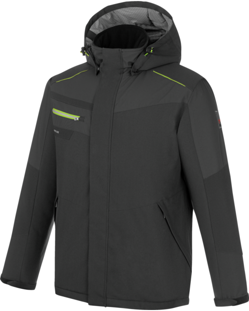 Une softshell de travail Stretch Evolution de couleur anthracite/lime de la marque de vêtements de travail et chaussures de sécurité Würth MODYF vue de face. Les détails sont visibles, tel que la tirette et son aspect matelassé, sa coupe stretch.