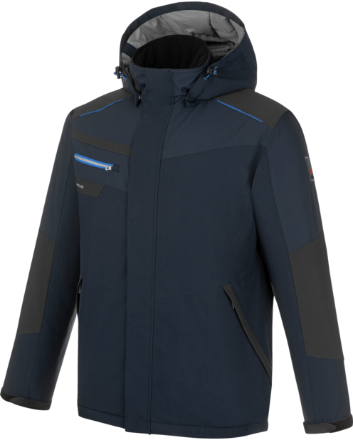 Une softshell de travail Stretch Evolution de couleur marine de la marque de vêtements de travail et chaussures de sécurité Würth MODYF vue de face. Les détails sont visibles, tel que la tirette et son aspect matelassé, sa coupe stretch.