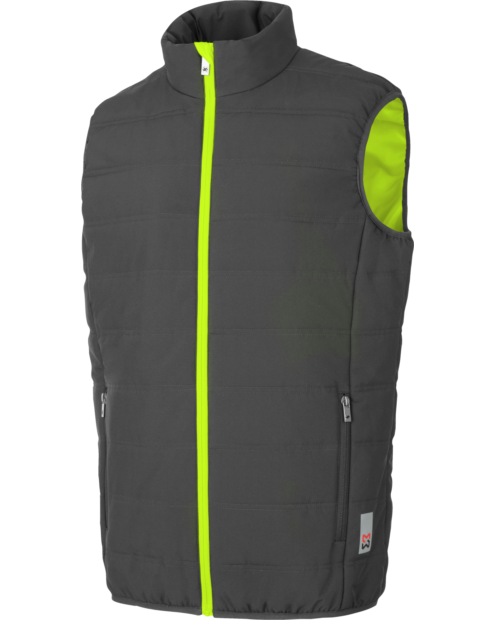Un gilet de travail Matelassé Moon de couleur anthracite/lime de la marque de vêtements de travail et chaussures de sécurité Würth MODYF vue de face. Les détails sont visibles, tel que la fermeture zippée.