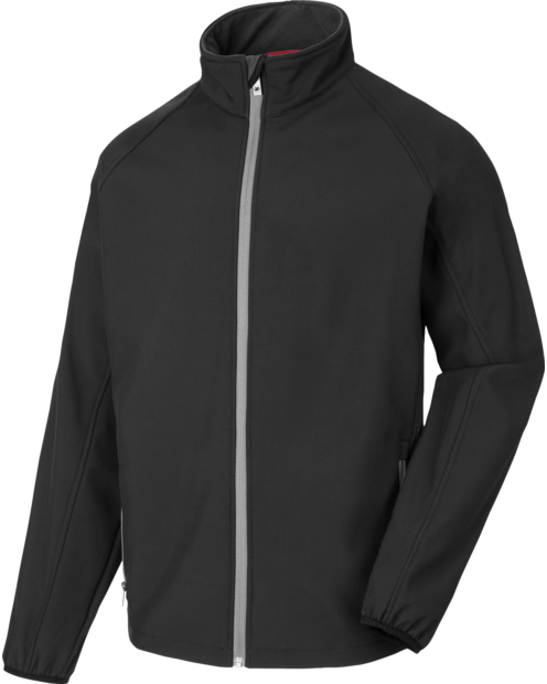 Une softshell de travail Simply de couleur noire/grise de la marque de vêtements de travail et chaussures de sécurité Würth MODYF vue de face. Les détails sont visibles, tel que la tirette.