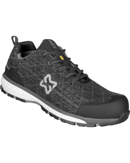 Une chaussure de sécurité basse S1P Caracas Reflective grises de la marque de vêtements de travail et chaussures de sécurité Würth MODYF vue de 3 quarts face. Les détails sont visibles comme ses variétés de couleurs. La languette ainsi que les lacets sont