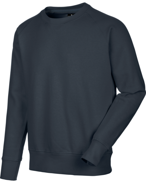 Un sweat de travail Col Rond de couleur marine de la marque de vêtements de travail et chaussures de sécurité Würth MODYF vue de face. Les détails sont visibles, tel que le col et les finitions.