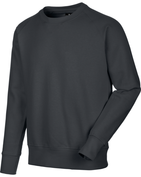 Un sweat de travail Col Rond de couleur anthracite de la marque de vêtements de travail et chaussures de sécurité Würth MODYF vue de face. Les détails sont visibles, tel que le col et les finitions.
