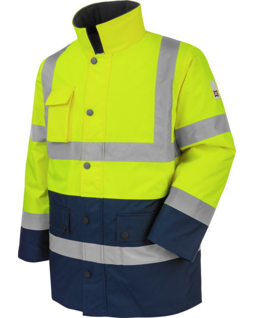 Une parka de travail haute-visibilité LUMEN de couleur jaune/marine de la marque de vêtements de travail et chaussures de sécurité Würth MODYF vue de face. Les détails sont visibles, tel que la tirette, le col montant et les éléments haute visibilité.