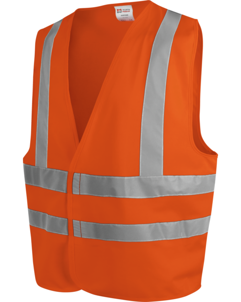 Un gilet de travail baudrier haute-visibilité LUMEN de couleur orange de la marque de vêtements de travail et chaussures de sécurité Würth MODYF vue de face. Les détails sont visibles, tel que la tirette.