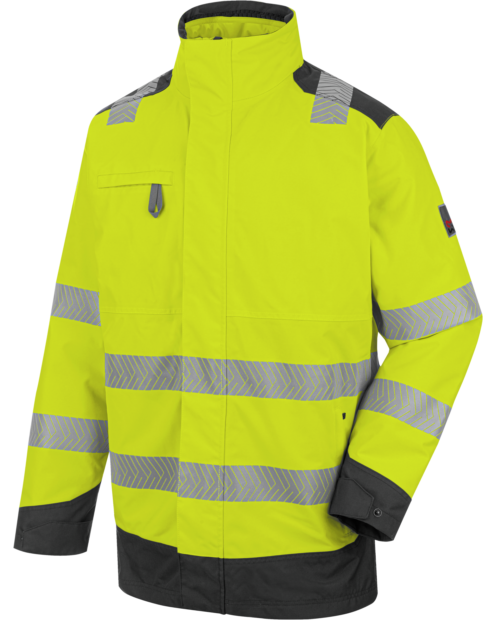 Une parka de travail haute-visibilité 4 en 1 de couleur jaune fluo de la marque de vêtements de travail et chaussures de sécurité Würth MODYF vue de face. Les détails sont visibles, tel que la tirette, le col montant, les éléments haute visibilité et sa c