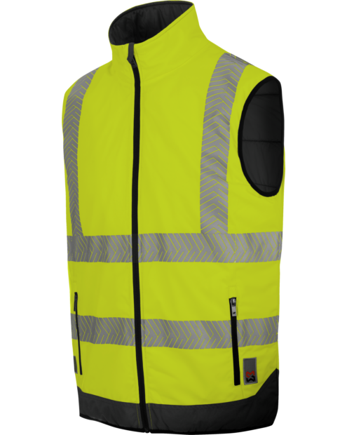 Un gilet de travail haute-visibilité réversible de couleur jaune fluo de la marque de vêtements de travail et chaussures de sécurité Würth MODYF vue de face. Les détails sont visibles, tel que la fermeture zippée.