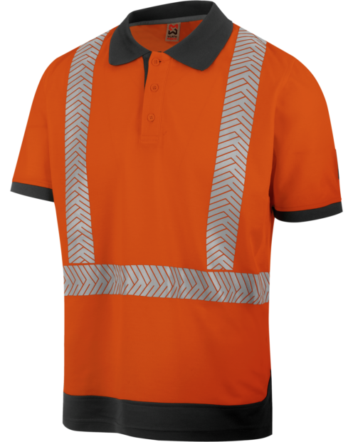 Un polo de travail haute-visibilité fluo de couleur orange de la marque de vêtements de travail et chaussures de sécurité Würth MODYF vue de face. Les détails sont visibles, tel que le col et les boutons.