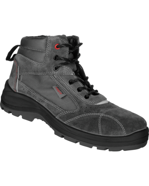 Une chaussure de sécurité basse montantes DEIMOS S1PL A CI FO SR de couleur anthracite de la marque de vêtements de travail et chaussures de sécurité Würth MODYF vue de 3 quarts face. Les détails sont visibles comme ses variétés de couleurs. La languette 