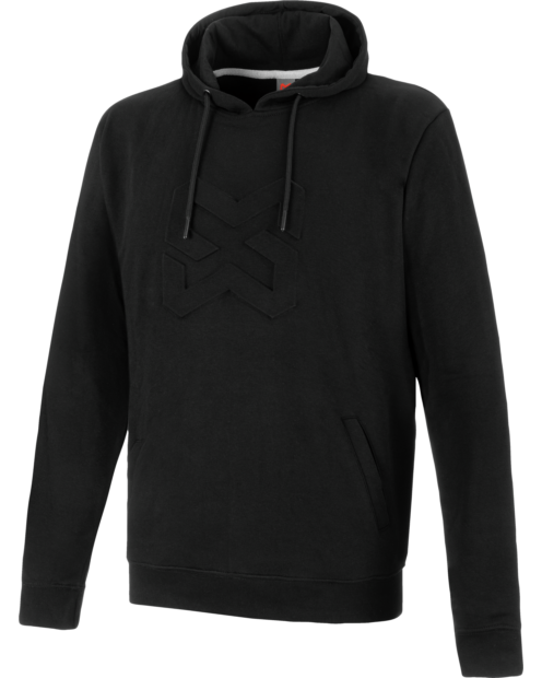 Un sweat de travail HOODIE LOGO X de couleur noir de la marque de vêtements de travail et chaussures de sécurité Würth MODYF vue de face. Les détails sont visibles, tel que le col et les finitions.