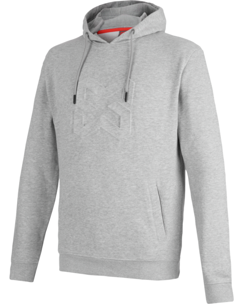 Un sweat de travail HOODIE LOGO X clair de couleur gris de la marque de vêtements de travail et chaussures de sécurité Würth MODYF vue de face. Les détails sont visibles, tel que le col et les finitions.