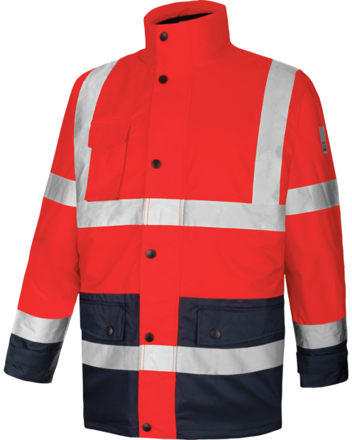Une parka de travail LUMEN 4 en 1 de couleur rouge/marine de la marque de vêtements de travail et chaussures de sécurité Würth MODYF vue de face. Les détails sont visibles, tel que la tirette, le col montant et sa conception modulable.