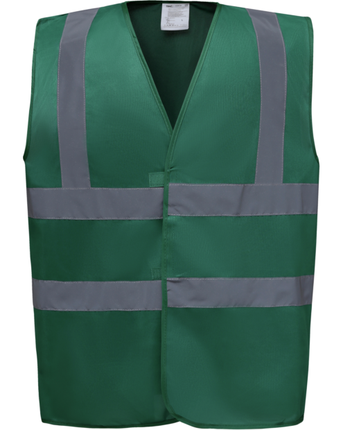 Un gilet de travail Retro de couleur vert de la marque de vêtements de travail et chaussures de sécurité Würth MODYF vue de face. Les détails sont visibles, tel que les bandes réfléchissantes.