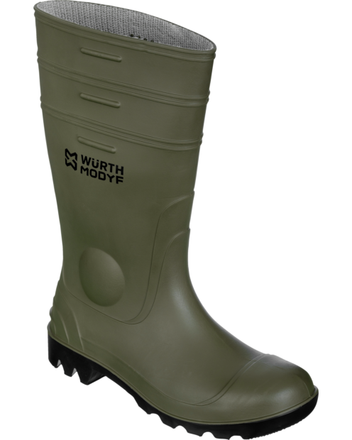 Une botte de sécurité basse imperméables GOREX S5 de couleur vert de la marque de vêtements de travail et chaussures de sécurité Würth MODYF vue de 3 quarts face. Les détails sont visibles comme ses variétés de couleurs. La languette ainsi que les lacets 