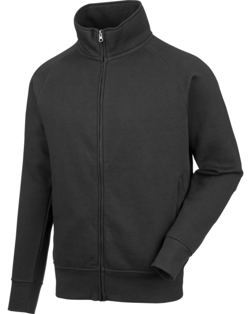 Un sweat de travail Sweat zippé JOB+ de couleur noir de la marque de vêtements de travail et chaussures de sécurité Würth MODYF vue de face. Les détails sont visibles, tel que le col et la fermeture zippée.