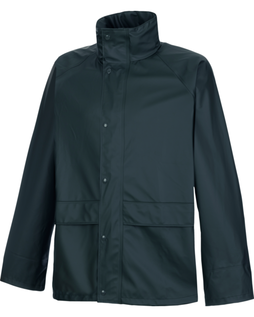 Vue de face d'une veste de pluie INDRA de couleur bleu marine de la marque de vêtements de travail et chaussures de sécurité Würth MODYF.
