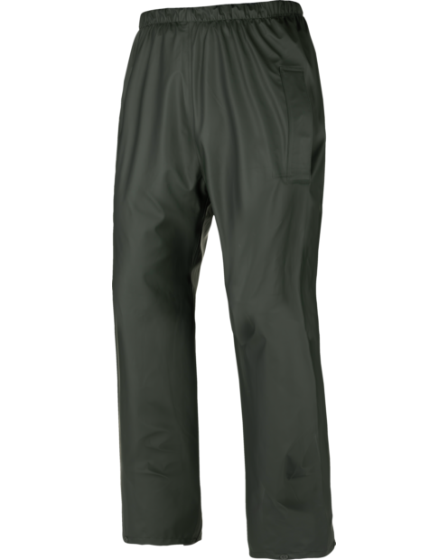 Vue de face d'un pantalon de travail Pantalon de pluie INDRA de couleur vert de la marque de vêtements de travail et chaussures de sécurité Würth MODYF. Le pantalon est bien visible ainsi que ses poches.