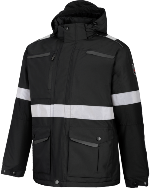 Une parka de travail STAR REFLEX de couleur noire de la marque de vêtements de travail et chaussures de sécurité Würth MODYF vue de face. Les détails sont visibles, tel que la tirette, le col montant et les éléments haute visibilité.