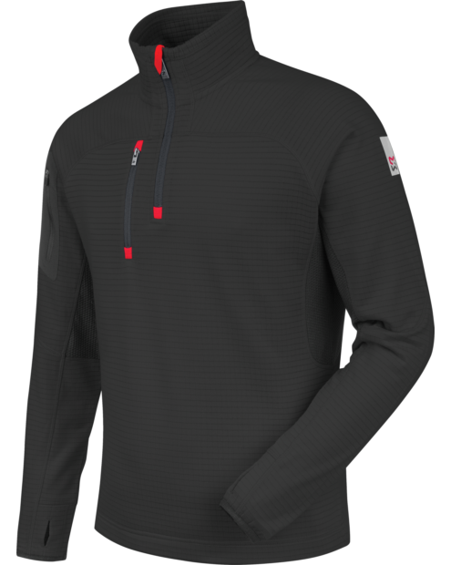 Pull léger en molleton, couleur noire, élastique et respirant, maille extensible, manchettes, poignets, design sportif.