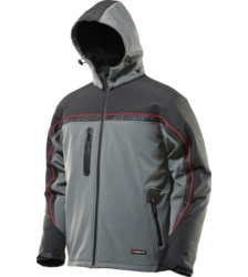 Veste Softshell grise, au design sportif, respirante, coupe-vent et déperlante, avec col et capuche amovible, doublure polaire.