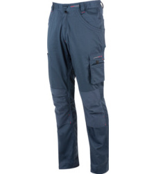 Pantalon de travail élastique de couleur  bleue, aspect moderne, avec poches pratiques, certifié EN 14404, robuste et robuste
