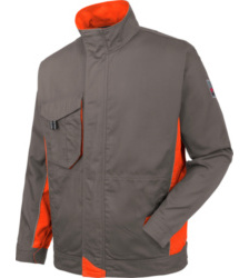 Blouson de travail gris pour maçons, robuste, résistant et moderne, avec de nombreuses poches pratiques.