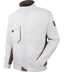 Veste de travail blanche pour peintres et artisans, design moderne, matériaux robustes et coutures renforcées, avec bison réfléchissant.
