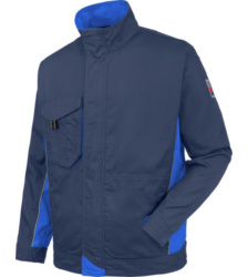 Blaue Arbeitsjacke für Installateure, robustes Material, moderner Look, mit verlängertem Rücken