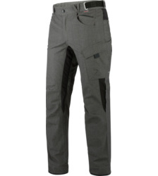 Pantalon de travail fonctionnel pour l'hiver, couleur grise, matériau robuste et élastique, design sportif, nombreuses poches, inserts réfléchissants.
