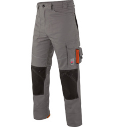 Pantalon de travail pour maçons et artisans, couleur grise, variété de poches pratiques, avec poches au genou selon EN 14404, look moderne.