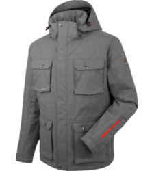 Veste grise fonctionnelle, coupe-vent et déperlant ainsi que chaude, avec des détails pratiques et des poches, en matériau durable.