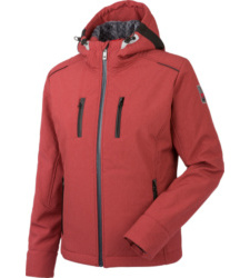 Veste Soft Shell en rouge, imperméable et coupe-vent, fonctionnelle et élastique, avec capuche amovible, respirante.