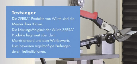 Testsieger - Die ZEBRA Produkte von Würth sind die Meister Ihrer Klasse. Die Leistungsfähigkeit der Würth ZEBRA Produkte liegt weit über dem Marktstandard und dem Wettbewerb. Dies beweisen regelmäßige Prüfungen durch Testinstitutionen. Testsieger - Die ZEBRA Produkte von Würth sind die Meister Ihrer Klasse. Die Leistungsfähigkeit der Würth ZEBRA Produkte liegt weit über dem Marktstandard und dem Wettbewerb. Dies beweisen regelmäßige Prüfungen durch Testinstitutionen.